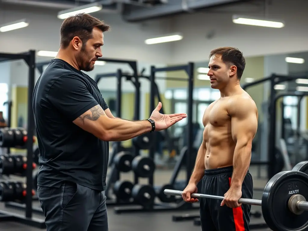 A personal trainer guiding a client through a workout session in the gym, demonstrating proper form and technique with weights.