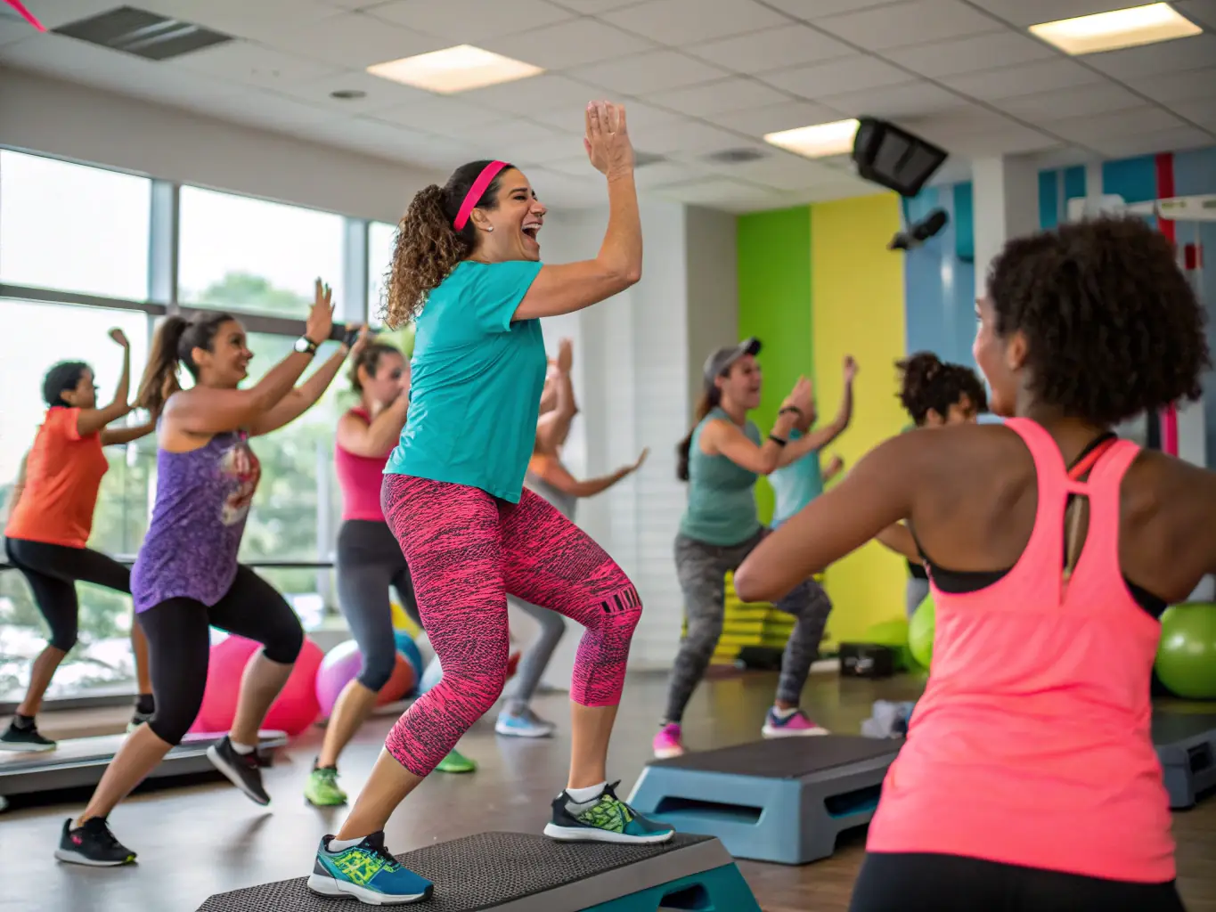 A group of people participating in a high-energy fitness class, with an instructor leading the session.