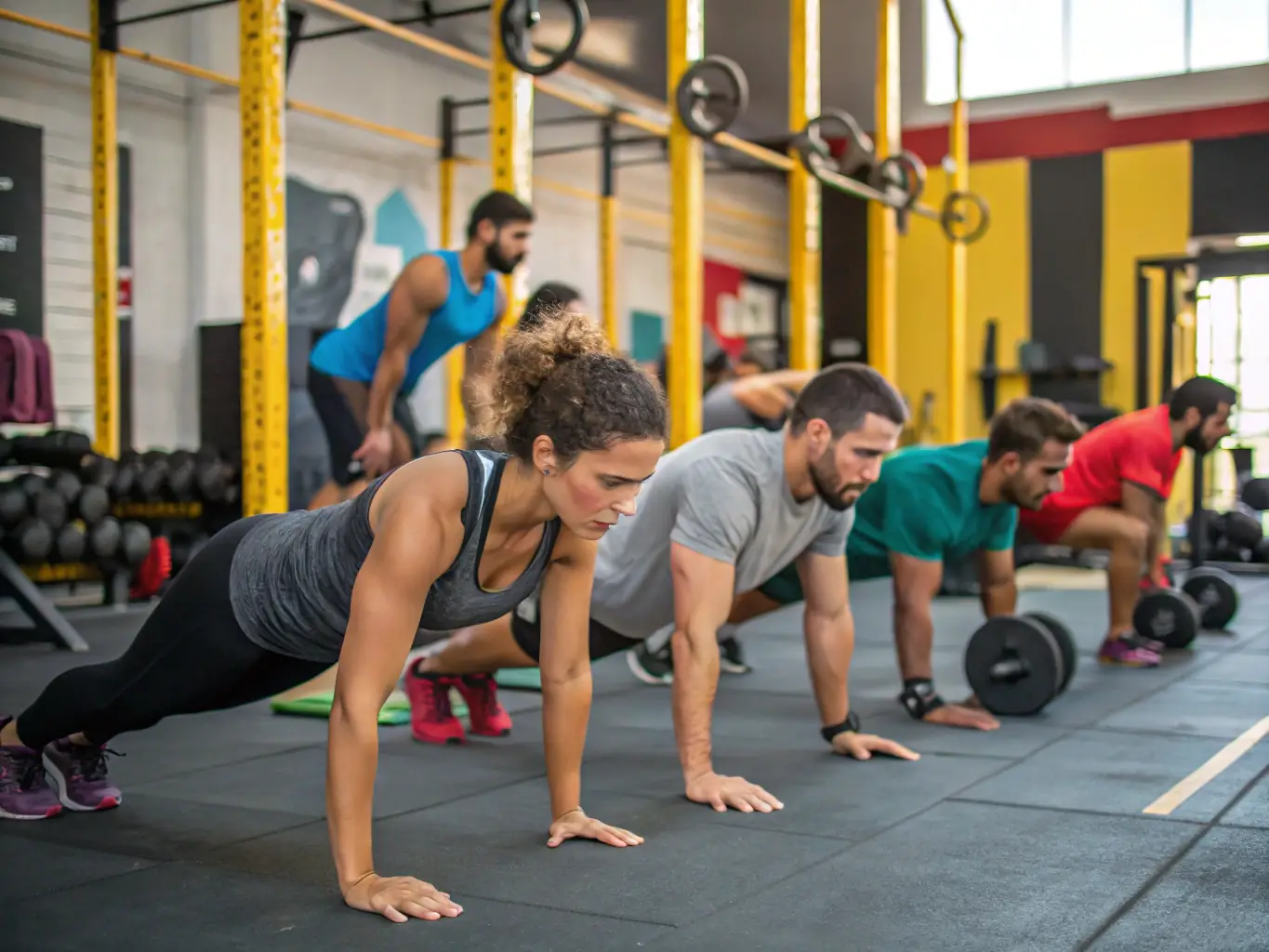 A CrossFit class in action, with participants engaged in various exercises such as lifting weights and performing pull-ups.